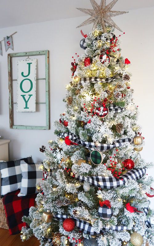 Flocked Christmas Trees With Plaid Ribbon Decorations