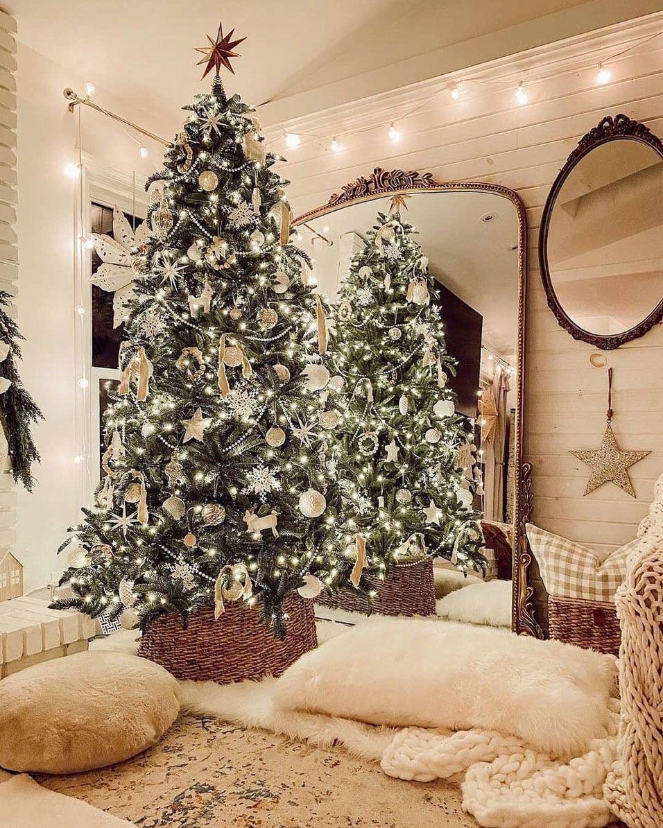 Glamorous Christmas tree base with ornaments and garlands