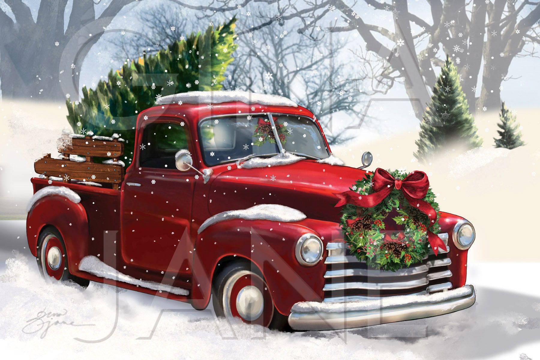 Little Red Truck with Christmas Tree Nostalgia