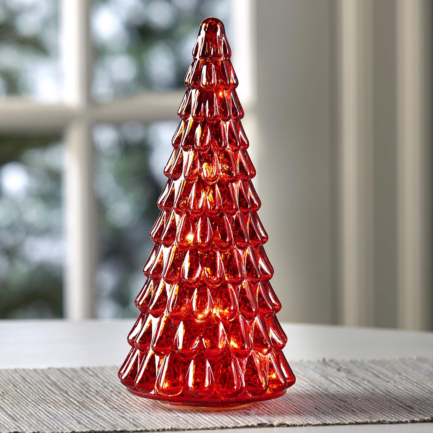 Red Tabletop Christmas Trees With Lights & Decorations