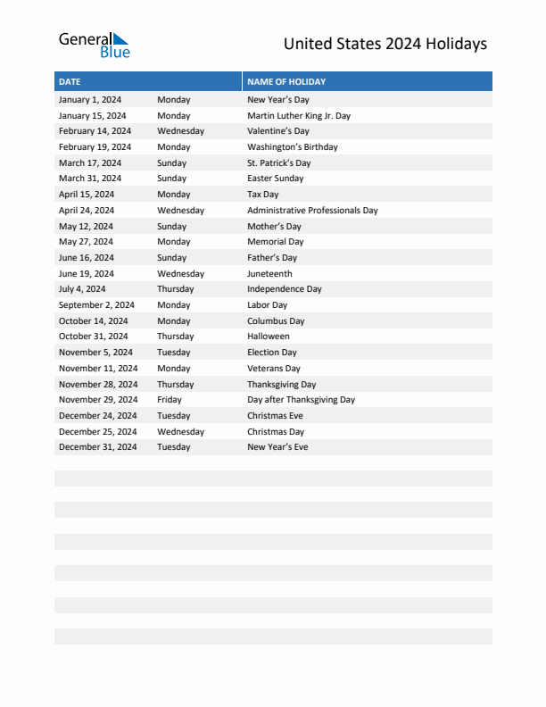 US Bank Holiday Schedule